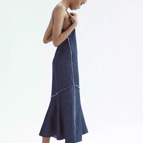 ZARA Cindy Lightweight Cotton/Linen Denim Midi Dress w Flounce Hem, Size L, NWT - Picture 4 of 7